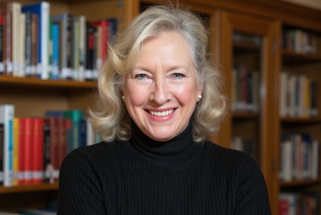Smiling woman with blonde hair, wearing a black turtleneck, with arms crossed. Bookshelves are visible in the background.