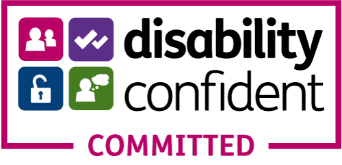 Badge with four icons: people, checkmarks, open lock, and thought bubble. Text reads "disability confident COMMITTED".